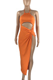 Orange Sexy Solid Hollowed Out Patchwork High Opening Halter Pencil Skirt Dresses