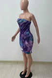 Rose Red Sexy Print Patchwork Strapless Pencil Skirt Dresses