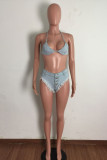 Light Blue Fashion Sexy Solid Backless Strap Design Halter Sleeveless Two Pieces Swimwears