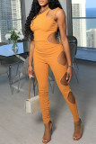 Yellow Fashion Sexy Solid Hollowed Out Spaghetti Strap Skinny Jumpsuits