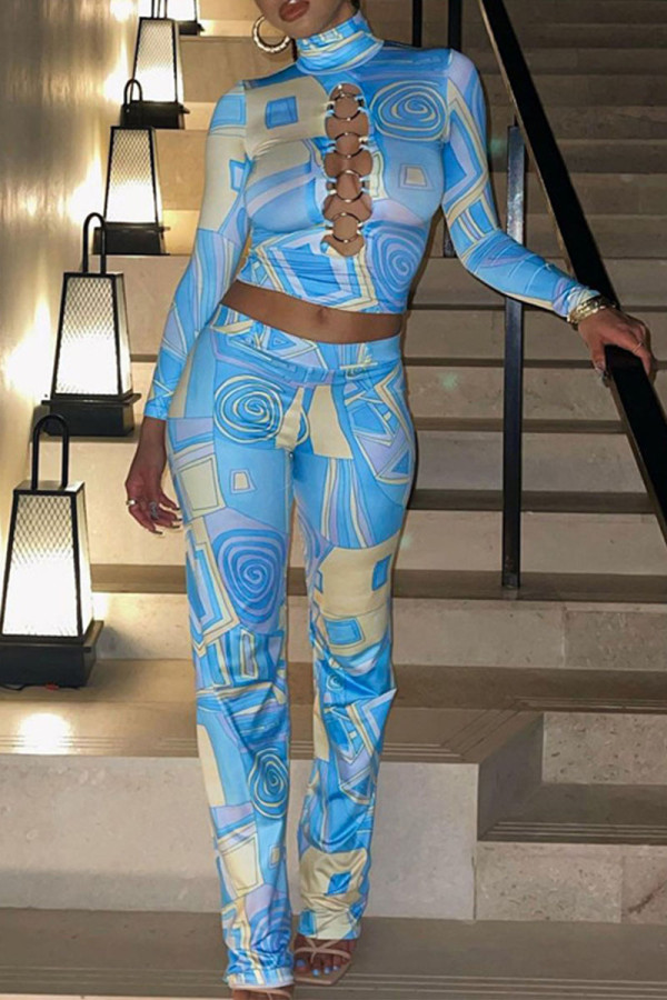 Blue Street Print Hollowed Out Patchwork Metal Accessories Decoration Turtleneck Long Sleeve Two Pieces