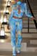 Blue Street Print Hollowed Out Patchwork Metal Accessories Decoration Turtleneck Long Sleeve Two Pieces