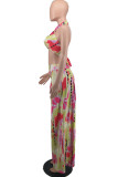 Red Yellow Fashion Sexy Print Backless Halter Sleeveless Two Pieces
