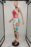 Multicolor Fashion Sexy Print Tie Dye Hollowed Out Turtleneck Sleeveless Dress
