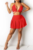 Pink Casual Solid Bandage Patchwork Halter Two Pieces