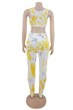 Yellow Fashion Casual Print Vests Pants U Neck Sleeveless Two Pieces