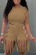 Khaki Casual Solid Hollowed Out O Neck Short Sleeve Two Pieces