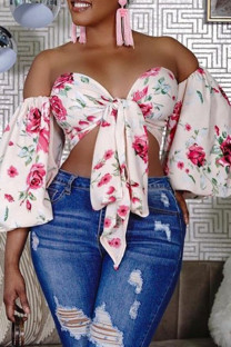 White Fashion Sexy Print Backless Strapless Tops