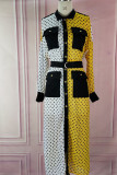 Yellow White Casual Print Polka Dot Patchwork Pocket Turndown Collar Shirt Dress Dresses