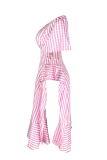 Pink Casual Plaid Patchwork O Neck Irregular Dress Dresses