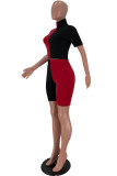 Fuchsia Fashion Casual Patchwork Basic Turtleneck Short Sleeve Two Pieces