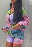 Multicolor Street Print Patchwork Turndown Collar Long Sleeve Two Pieces