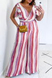 Pink Elegant Striped Print Patchwork V Neck Plus Size Jumpsuits