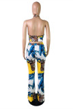 Yellow Fashion Sexy Print Backless Halter Sleeveless Two Pieces