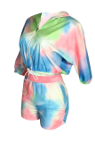Multicolor Casual Patchwork Tie-dye Hooded Collar Three Quarter Two Pieces