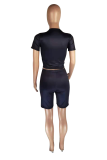 Black Casual Print Patchwork O Neck Short Sleeve Two Pieces