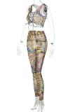 Colour Sexy Print Hollowed Out V Neck Sleeveless Two Pieces