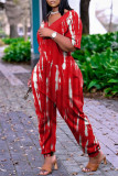 Red Fashion Casual Print Basic V Neck Regular Jumpsuits