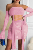 Pink Fashion Sexy Solid Patchwork See-through Backless Off the Shoulder Long Sleeve Two Pieces
