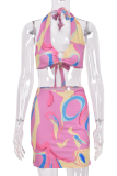 Pink Sexy Print Hollowed Out V Neck Sleeveless Two Pieces