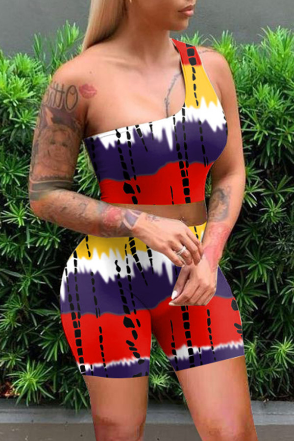 Red Sexy Casual Print Backless One Shoulder Sleeveless Two Pieces