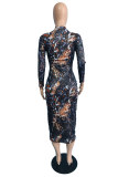 Multicolor Fashion Casual Print Basic O Neck Long Sleeve Dresses
