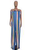 Sky Blue Fashion Casual Striped Print Backless Off the Shoulder Regular Jumpsuits