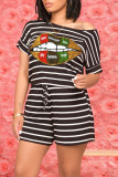 Green Casual Striped Print O Neck Short Sleeve Two Pieces