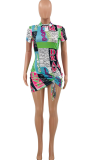 Blue Sexy Print Patchwork O Neck Irregular Dress Dresses