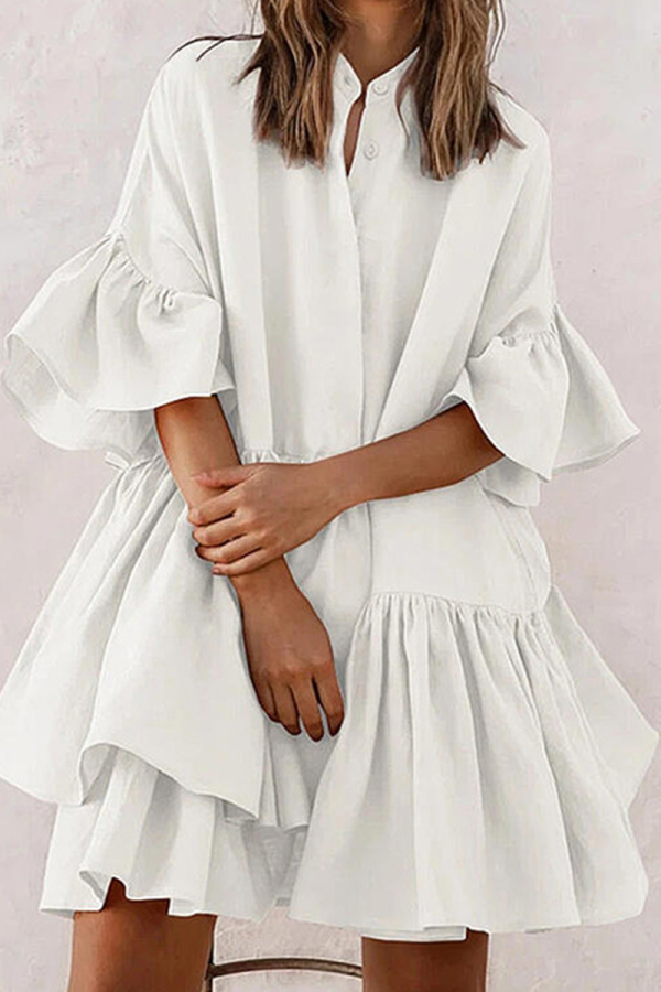 White Casual Solid Flounce Mandarin Collar Cake Skirt Dresses