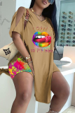 Yellow Casual Print High Opening O Neck Short Sleeve Two Pieces