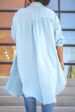 Light Blue Fashion Casual Solid Slit Turndown Collar Tops