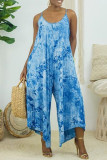 White Blue Sexy Casual Print Tie Dye Backless Spaghetti Strap Regular Jumpsuits