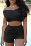 Rose Red Casual Solid Patchwork Off the Shoulder Short Sleeve Two Pieces