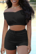 Black Casual Solid Patchwork Off the Shoulder Short Sleeve Two Pieces
