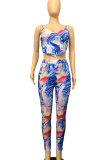 Blue Sexy Print Patchwork Spaghetti Strap Sleeveless Two Pieces