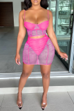Rose Red Sexy Solid Mesh Spaghetti Strap Sleeveless Two Pieces