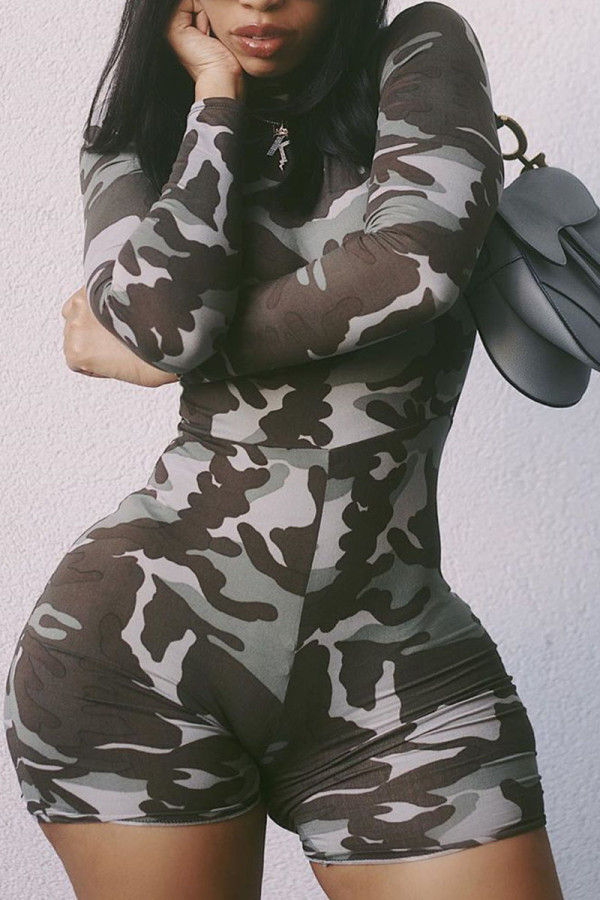 Camouflag Gray Street Camouflage Print Patchwork Half A Turtleneck Skinny Rompers