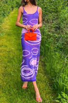 Purple Sexy Print Split Joint Spaghetti Strap Pencil Skirt Dresses