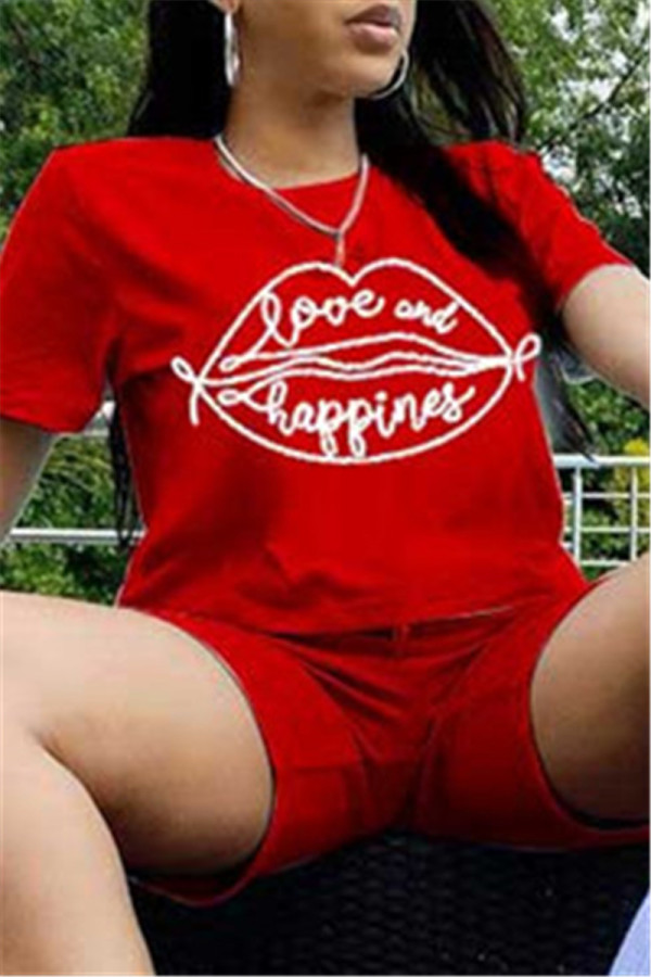 Red Fashion Casual Print Basic O Neck Short Sleeve Two Pieces