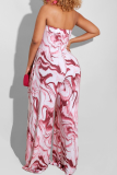 Brown Casual Print Patchwork Strapless Straight Jumpsuits