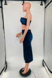 Dark Blue Sexy Casual Solid Backless Slit Strapless Sleeveless Two Pieces