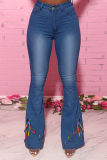 Deep Blue Casual Print Draw String Plus Size Jeans