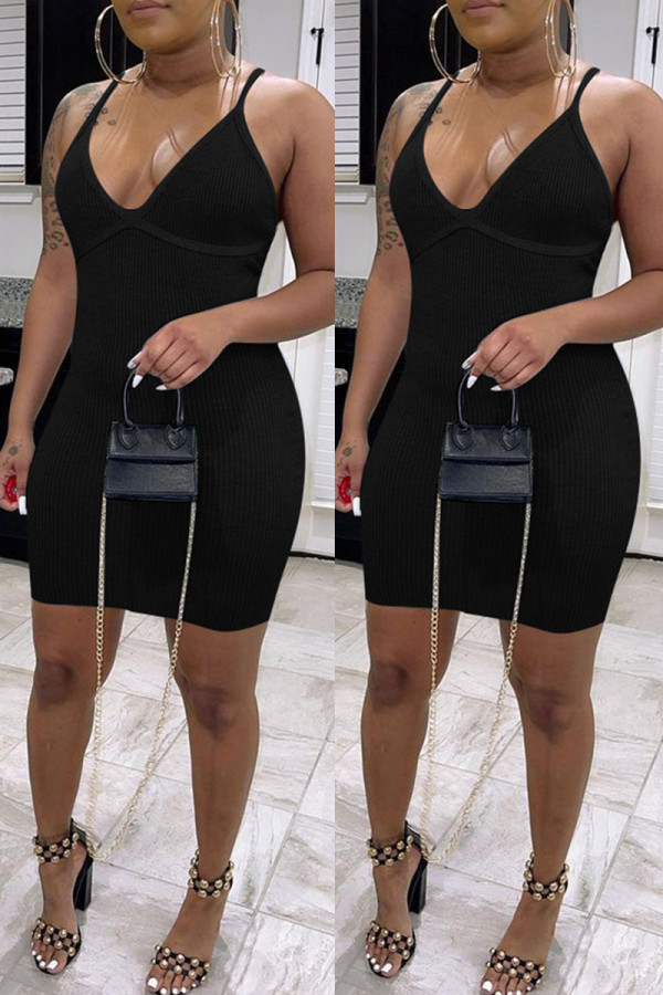 Black Sexy Casual Solid Backless V Neck Sling Dress