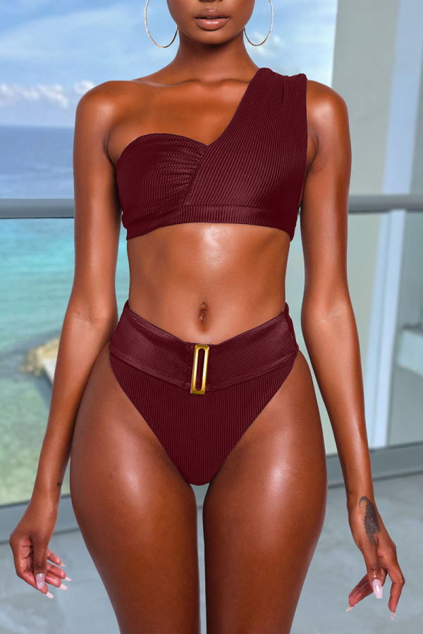 Burgundy Casual Solid Patchwork Asymmetrical Swimwears