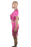 Rose Red Sexy Print Tassel O Neck Half Sleeve Two Pieces