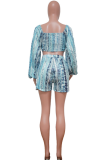 Blue Sexy Print Patchwork Square Collar Long Sleeve Two Pieces