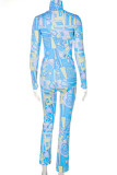 Blue Street Print Hollowed Out Patchwork Metal Accessories Decoration Turtleneck Long Sleeve Two Pieces