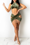 Green Sexy Patchwork See-through Backless O Neck Sleeveless Two Pieces