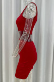 Red Sexy Solid Hollowed Out Patchwork Oblique Collar Skinny Rompers